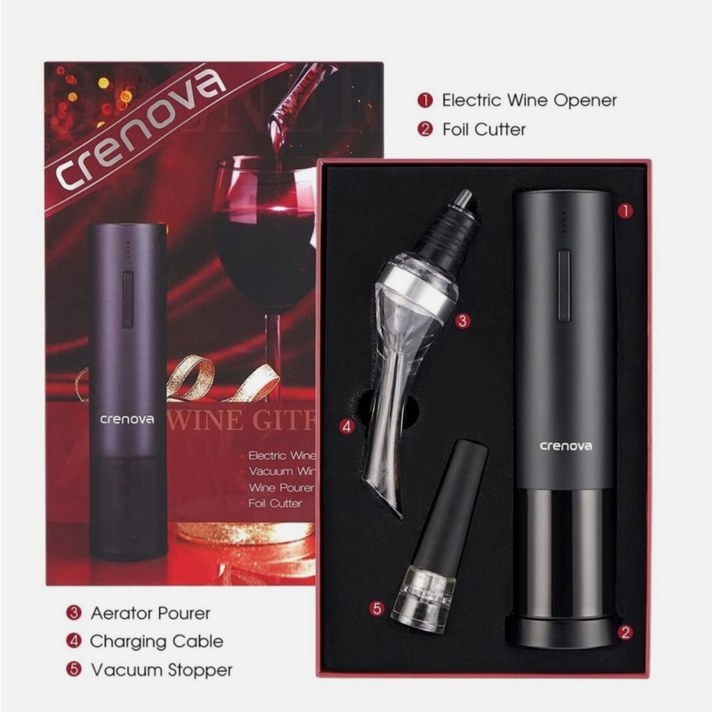 New in Box -Crenova Rechargeable Electronic 4-in-1 Wine Bottle Opener Set. Black
